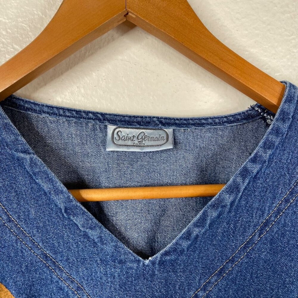 Vintage Saint Germain Paris Top Blue Size XL Denim Hand Painted Boho Art to Wear - Picture 3 of 14